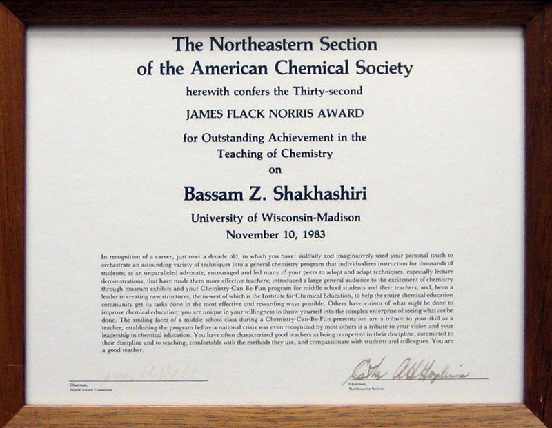 Bassam Z. Shakhashiri Honors and Awards